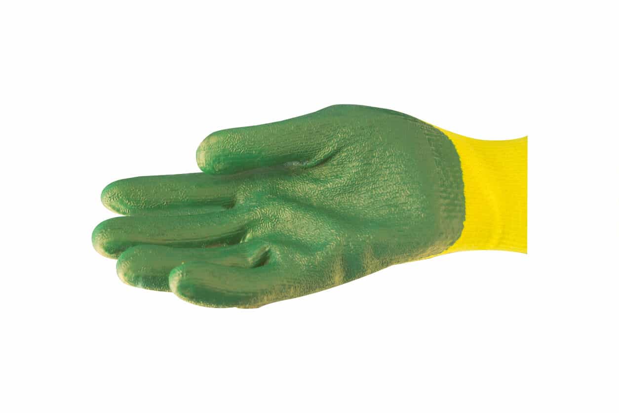 Image Of A Yellow Cut-resistant Glove With A Green Nitrile Coating.